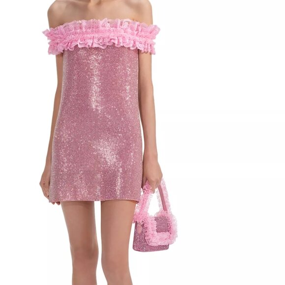 760$ Self-Portrait X Christopher Kane Crystal Fishnet Mini Dress Size 12 Pink - Picture 1 of 3